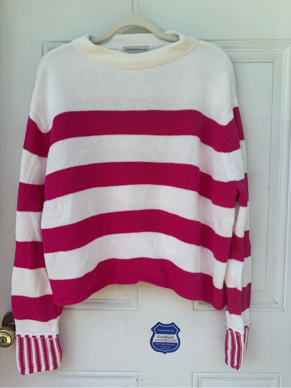 White & Pink Striped Women's Sweater—Oversized Fit.